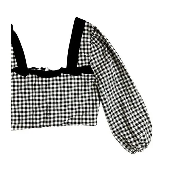 BCBGeneration Crop Top Ruffled Gingham Black White Blouse Top Shirt Sz M NWT - Picture 10 of 12